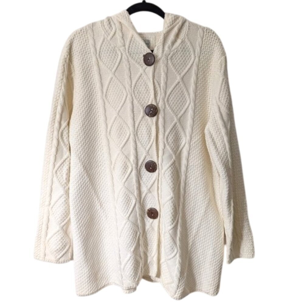 Chico's Cotton Blend Cable Knit Hooded Cardigan with Button Accents Ivory Size 3